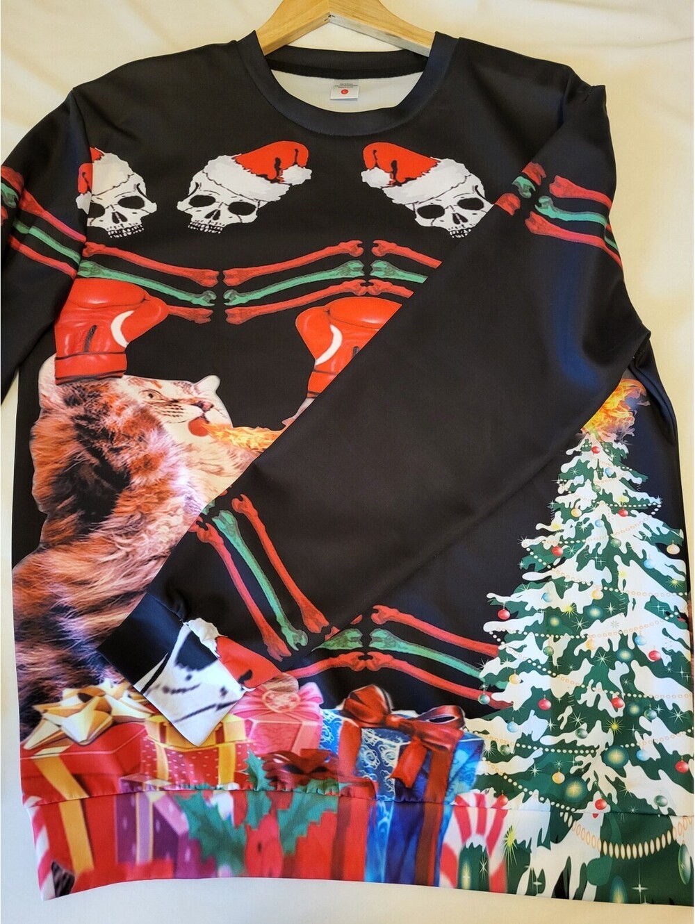 Funny Cat Boxing Fire-Breathing Christmas Sweater Ugly Xmas Unisex Pullover - Picture 8 of 9